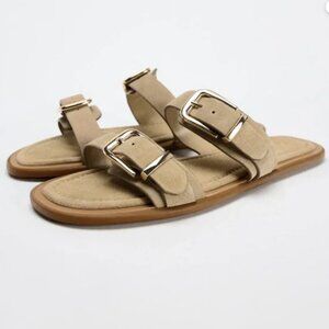 Zara Flat Buckled Sandals Suede Tan